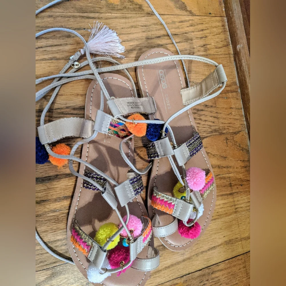 Asos Boho Pom Pom Colorful Tie Up Flat Sandals Size 7 Fesrival